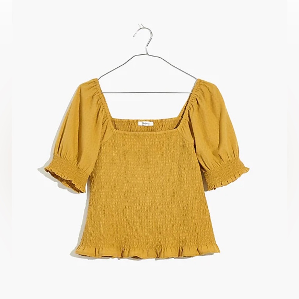 Madewell Lucie Puff-Sleeve Smocked Bodice Top, Large, Earthen Gold